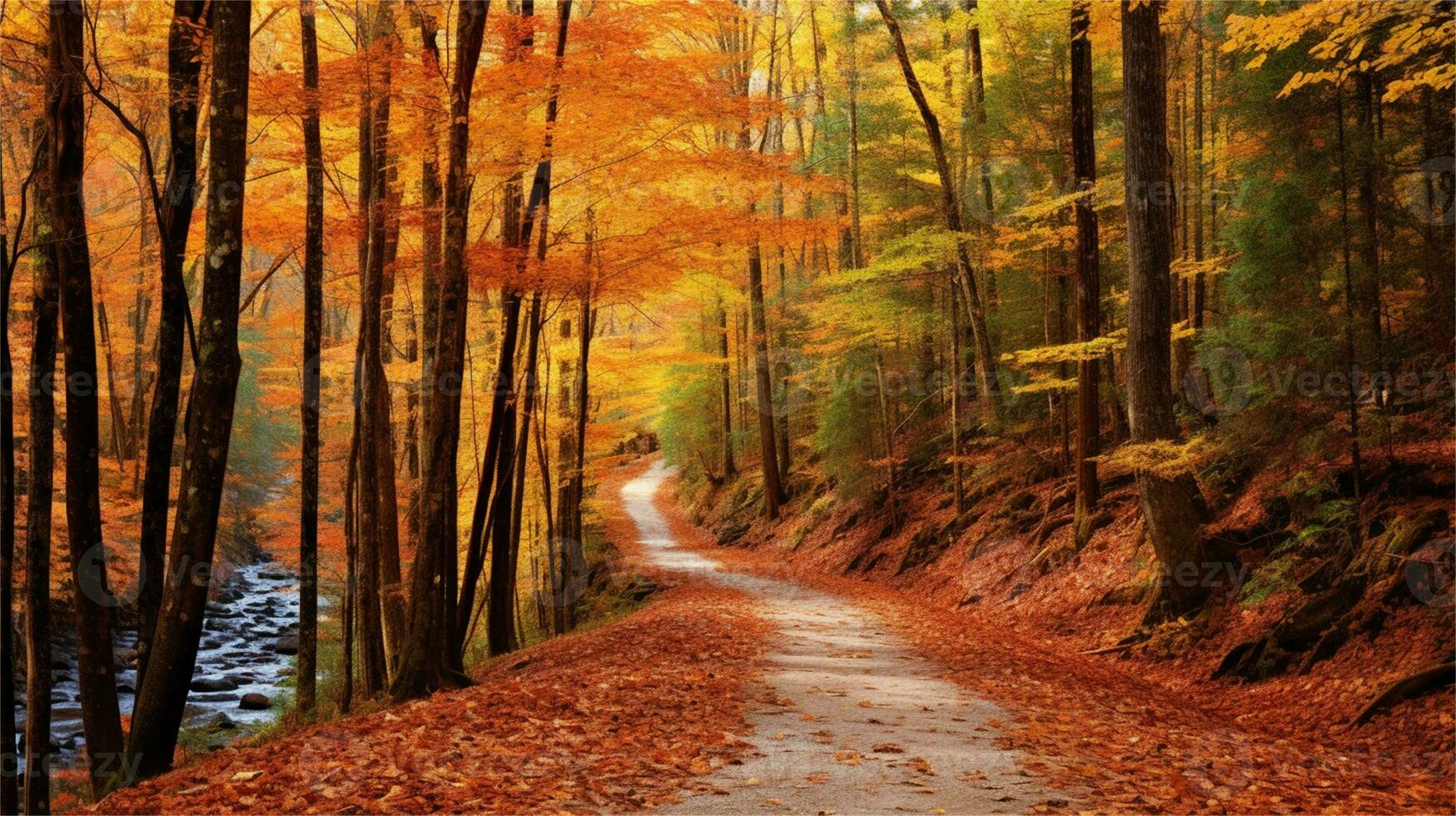 a painting of a path in the woods AI Generated photo