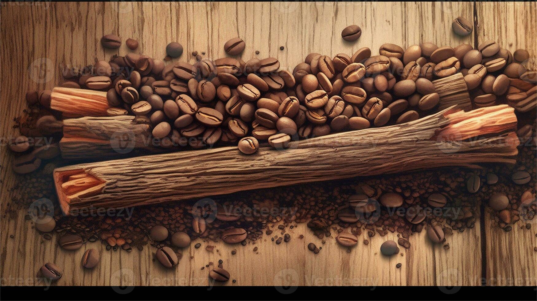 a pile of coffee beans sitting on top of a wooden table AI Generated photo