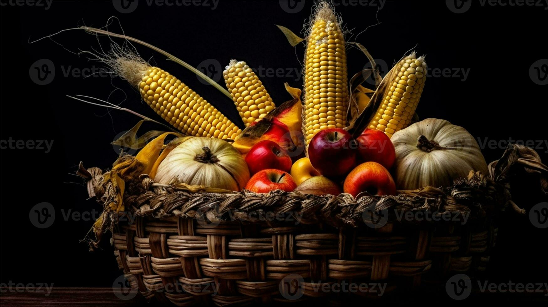 a basket filled with corn and tomatoes AI Generated photo