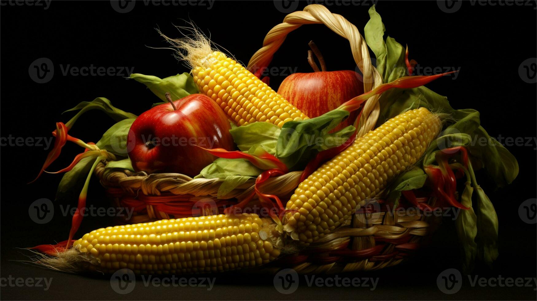 a basket filled with corn and tomatoes AI Generated photo