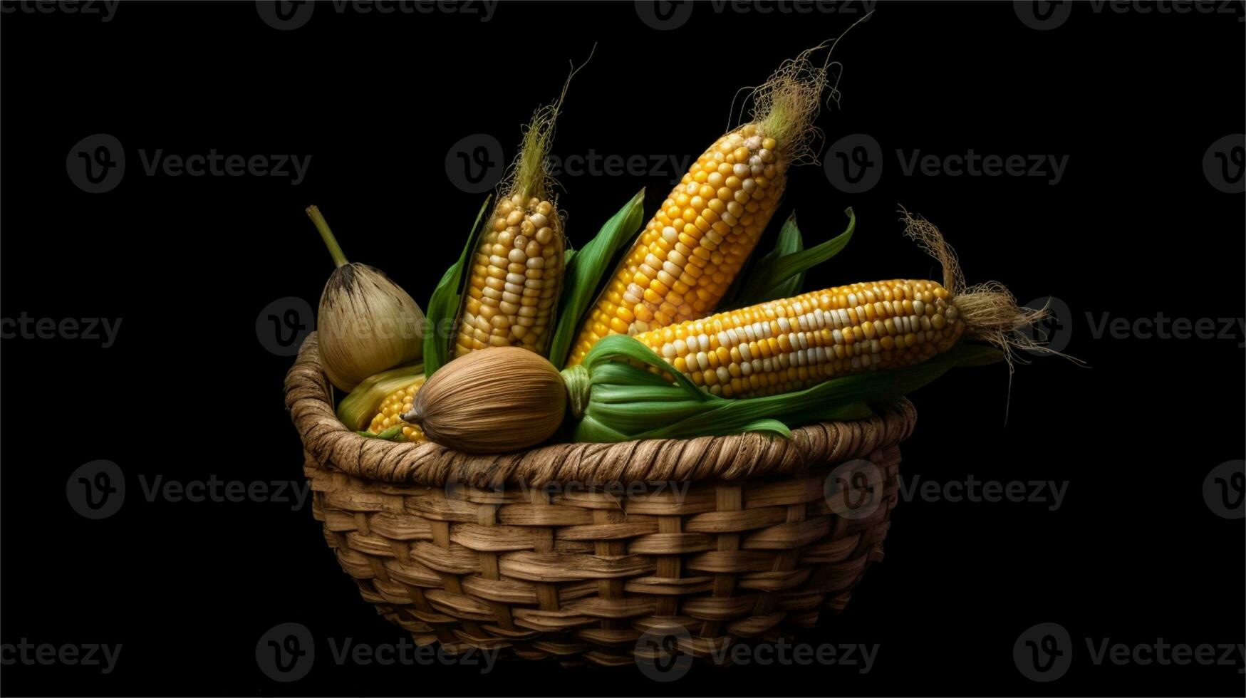a basket filled with corn and tomatoes AI Generated photo