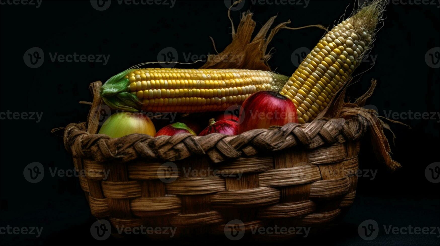 a basket filled with corn and tomatoes AI Generated photo