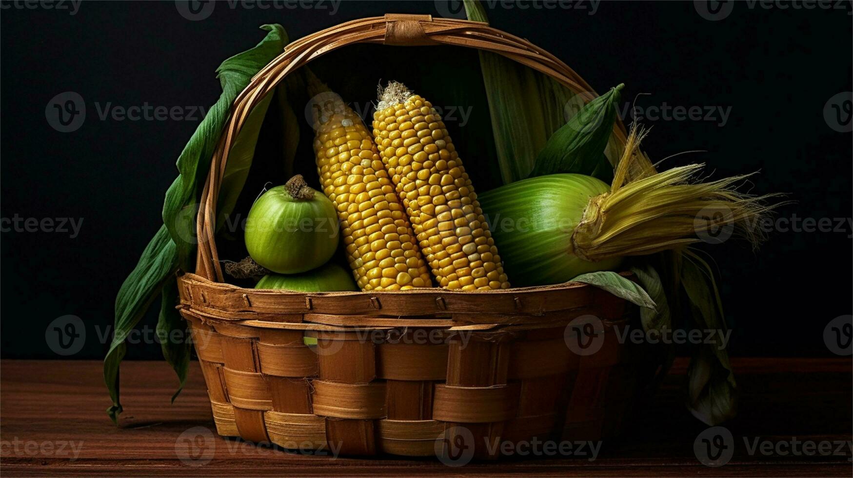a basket filled with corn and tomatoes AI Generated photo