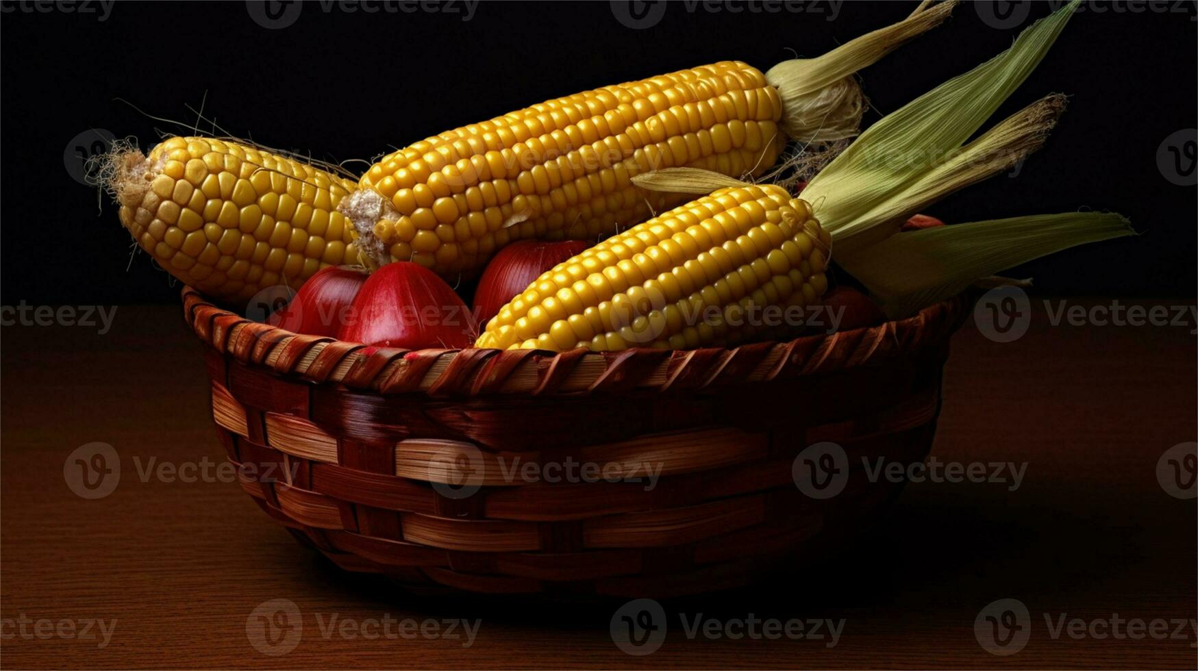 a basket filled with corn and tomatoes AI Generated photo