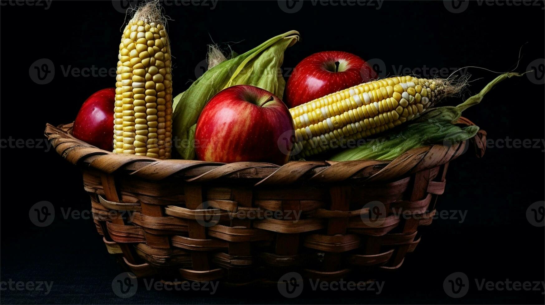 a basket filled with corn and tomatoes AI Generated photo