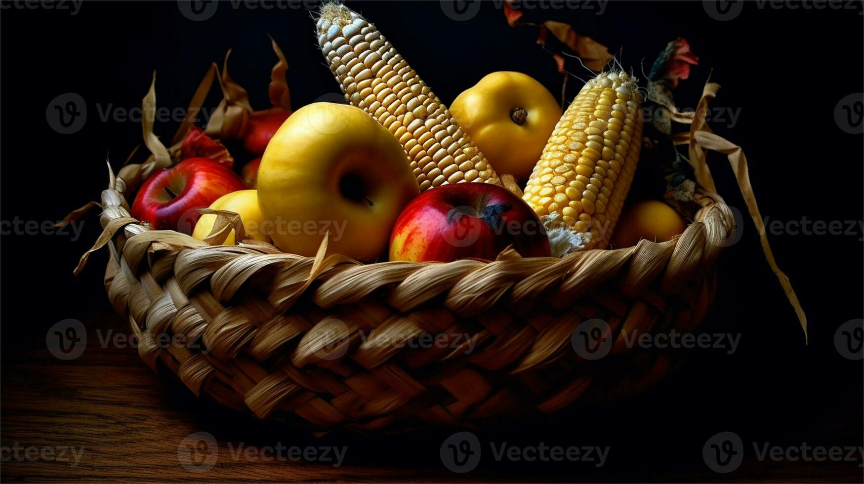 a basket filled with corn and tomatoes AI Generated photo