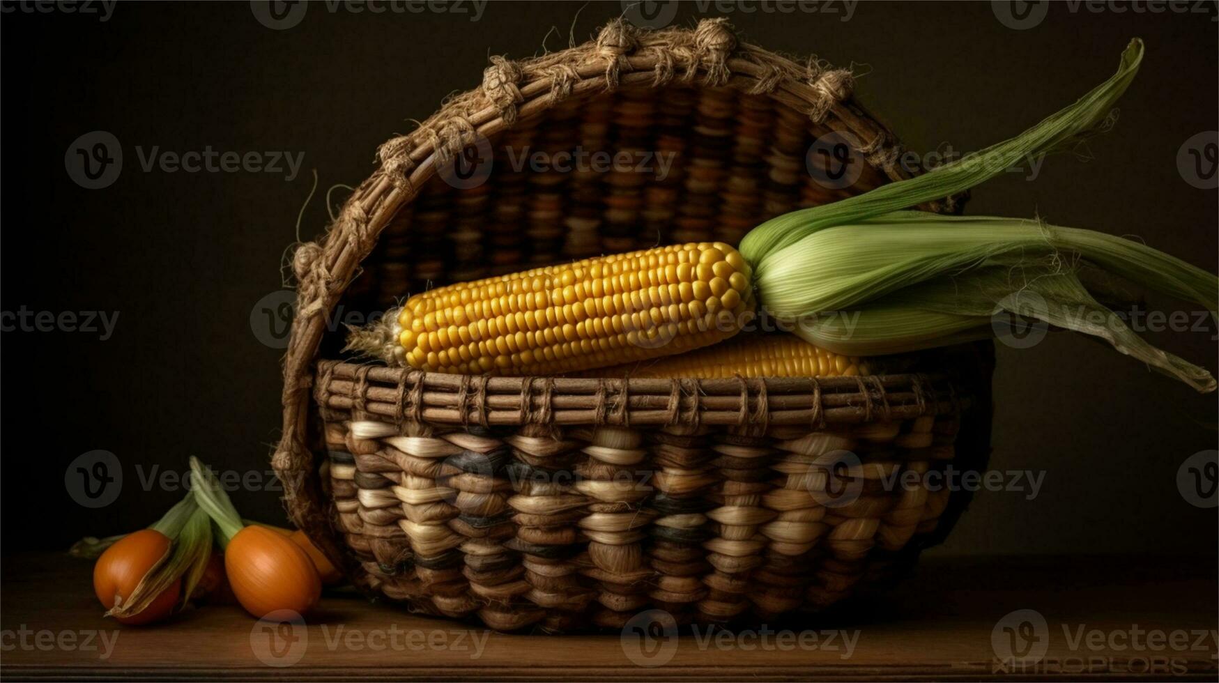 a basket filled with corn and tomatoes AI Generated photo