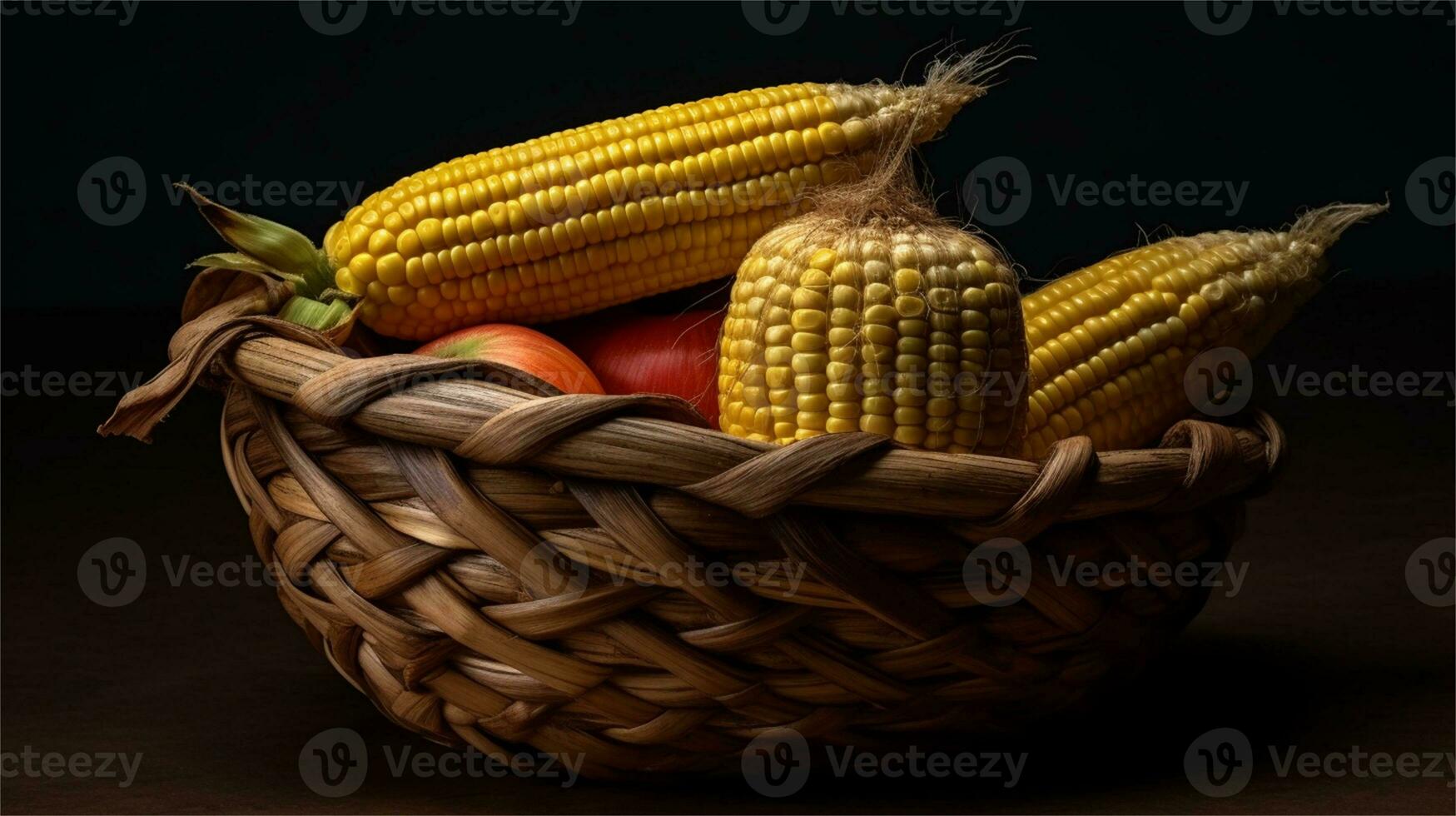 a basket filled with corn and tomatoes AI Generated photo
