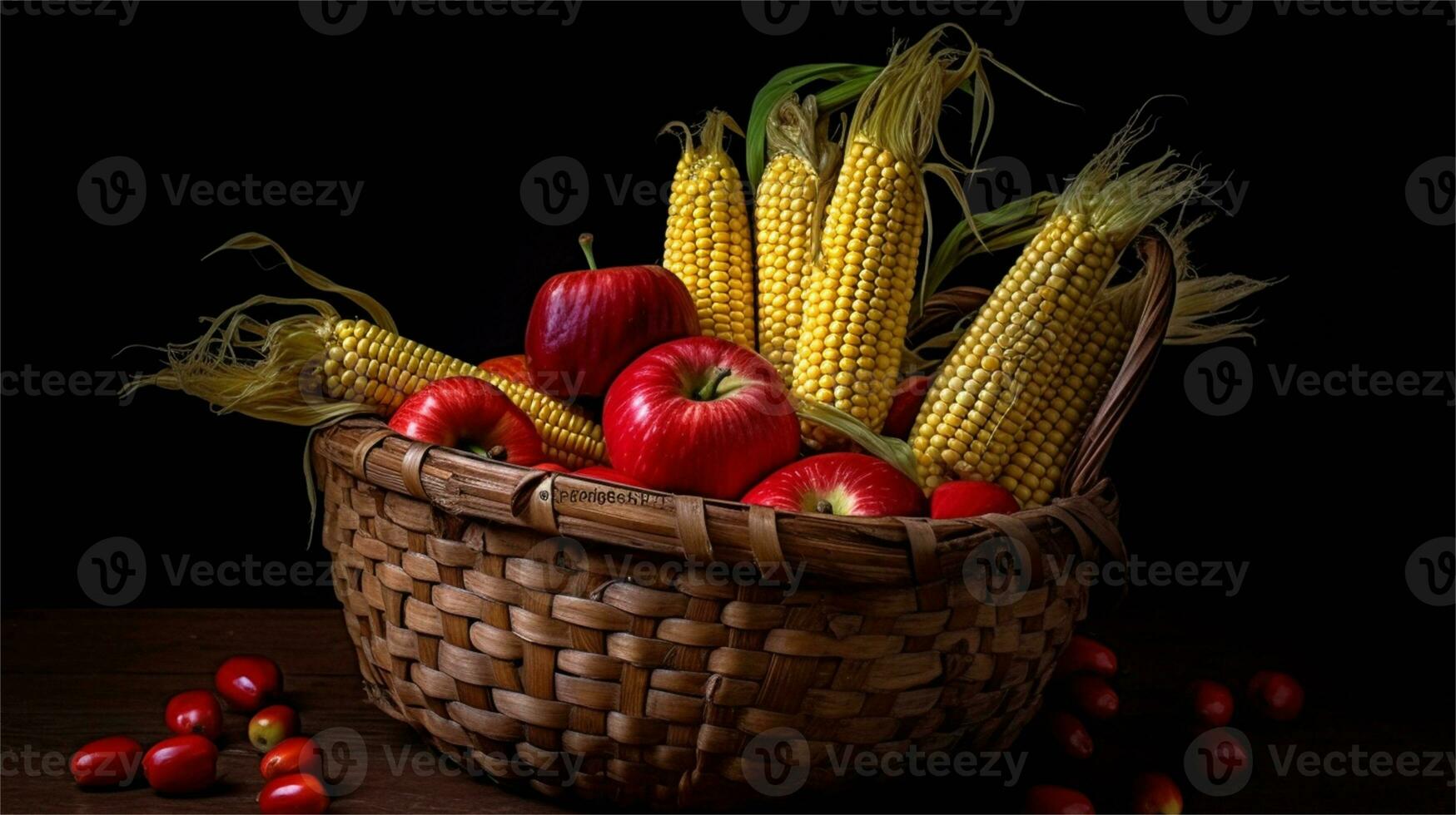 a basket filled with corn and tomatoes AI Generated photo