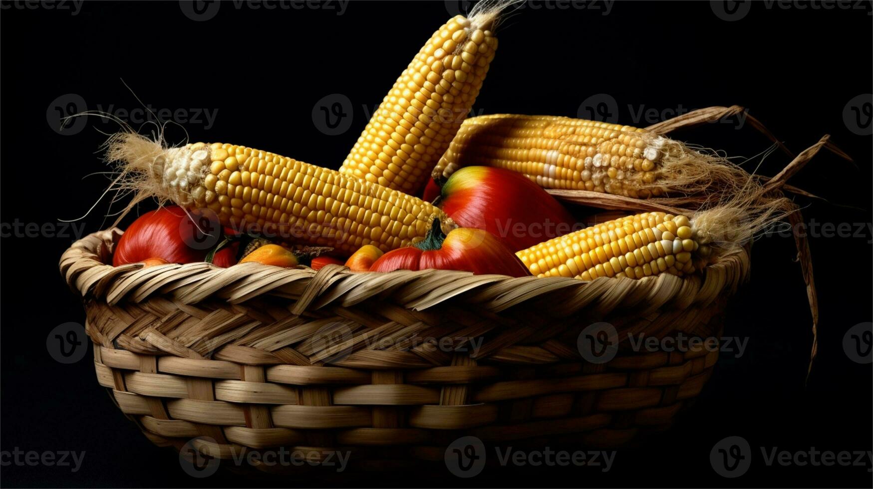 a basket filled with corn and tomatoes AI Generated photo