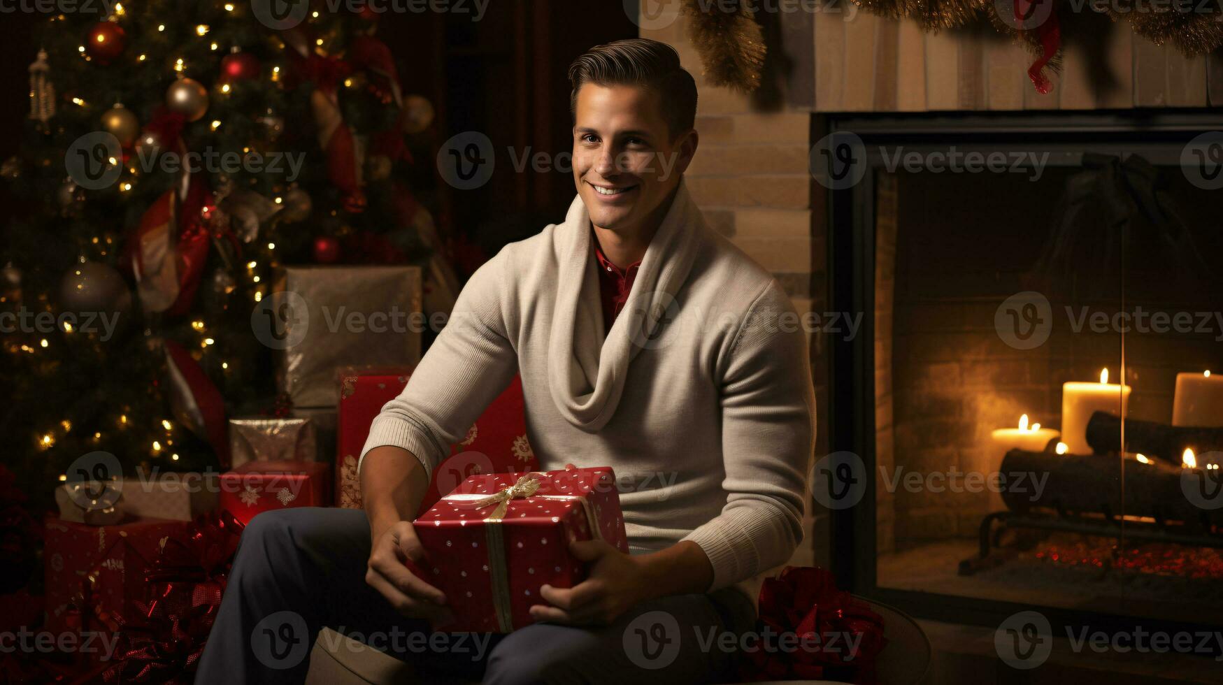 AI generated Model opening christmas present with a christmas bokeh background photo