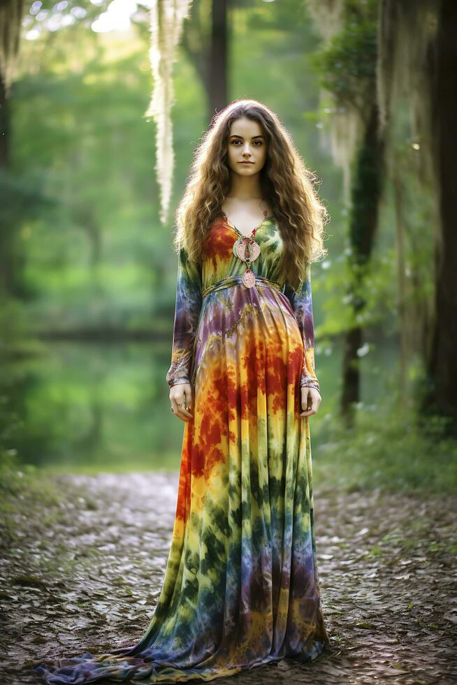 atractivo retrato de elegante y hermosa mujer en Moda vestidos. ai generado foto