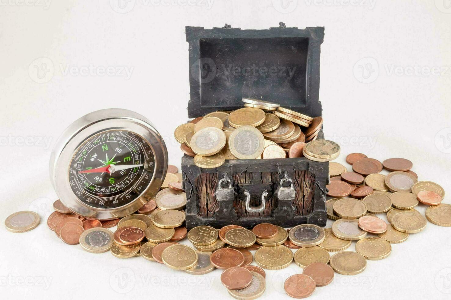 a chest with coins and a compass photo