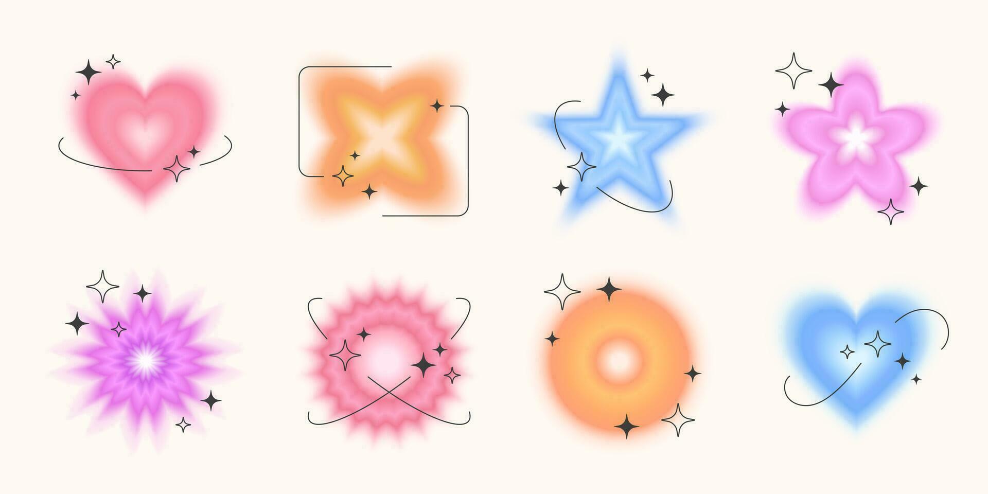 Blurred abstract shape set with black thin frames, Y2K retro art, gradient glowing figures, stickers, decorations, buttons. Vector illustration.