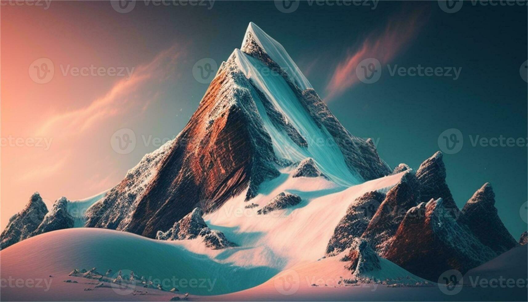 a snowy mountain landscape with a river and rocks AI Generative photo