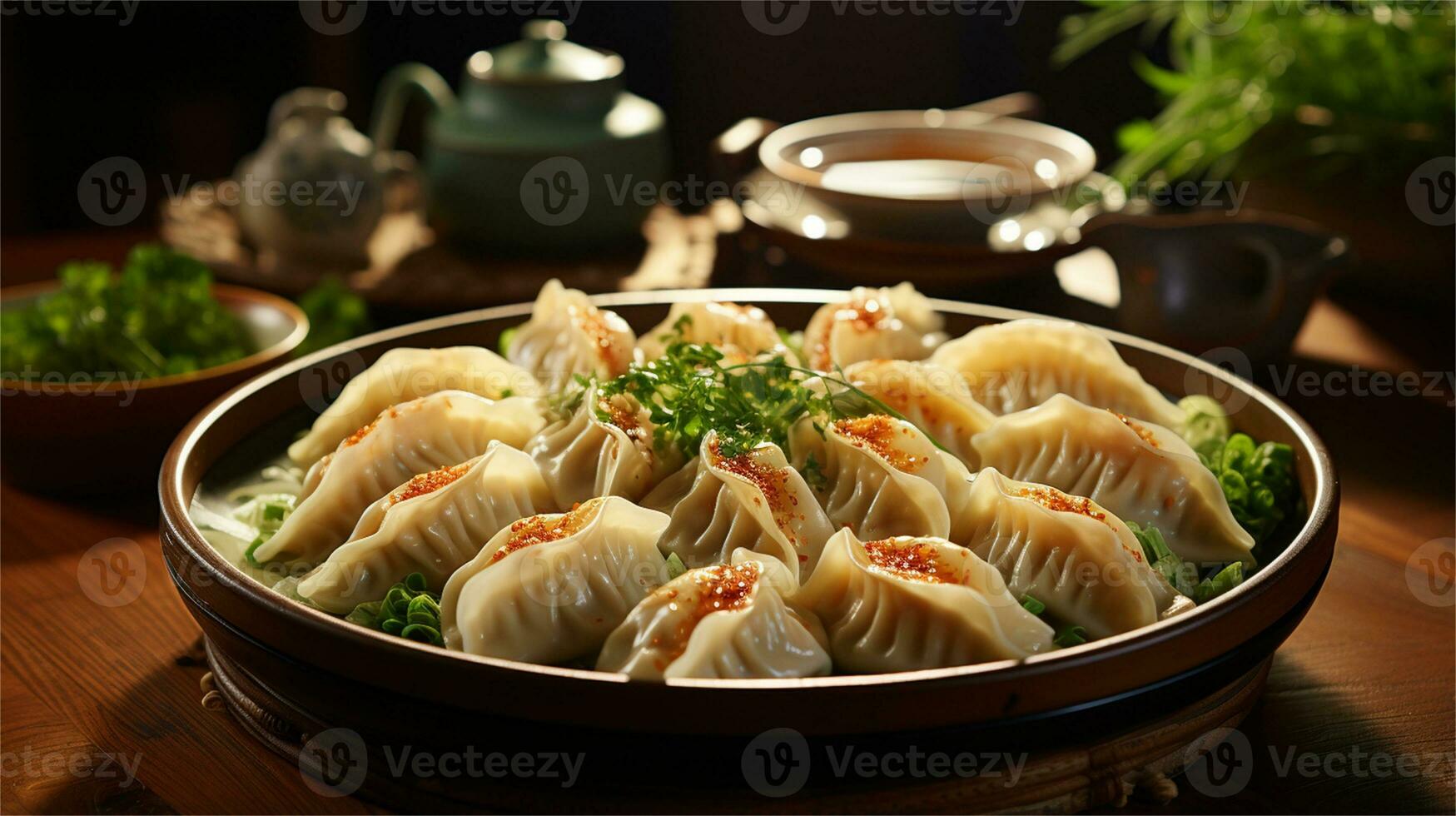 a plate of dumplings on a table AI Generated photo