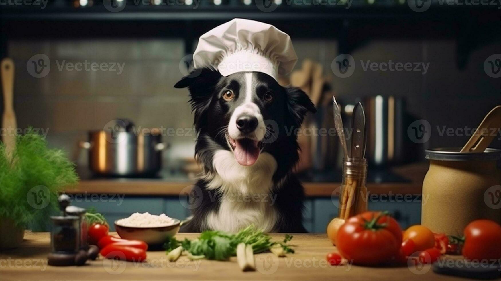 a black and white dog wearing a chef's hat surrounded by vegetables AI Generated photo