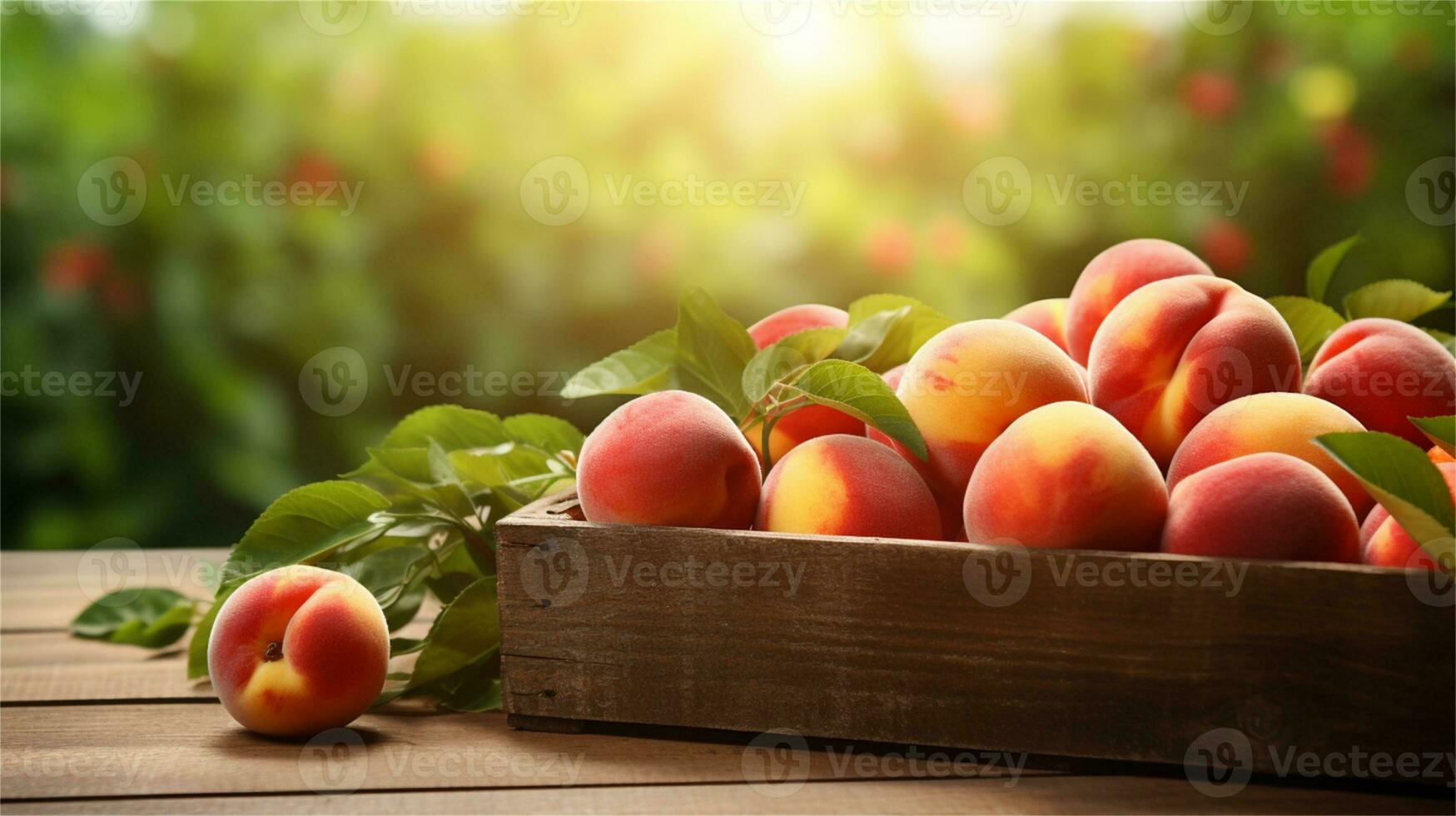 fresh peaches in a wooden box on a table AI Generative photo