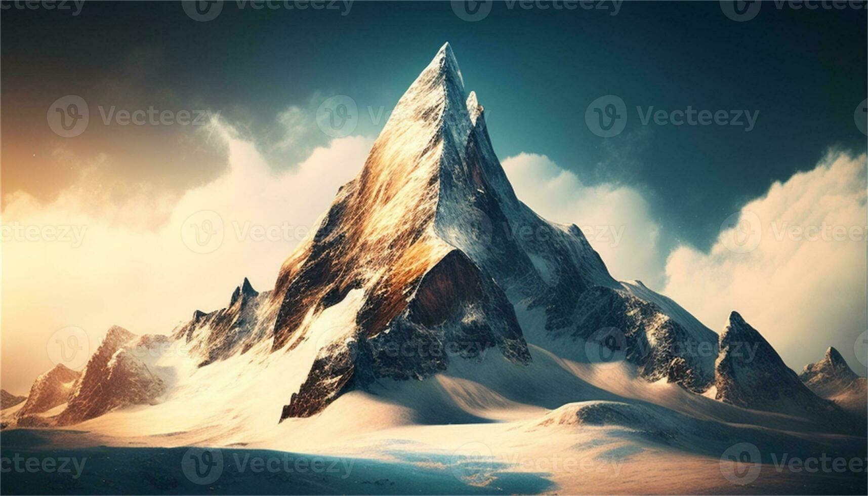a snowy mountain landscape with a river and rocks AI Generative photo