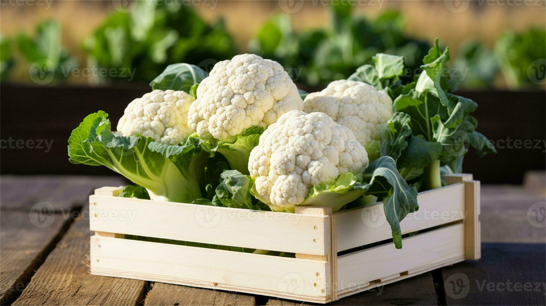 cauliflower in a wooden crate on a table AI Generative photo