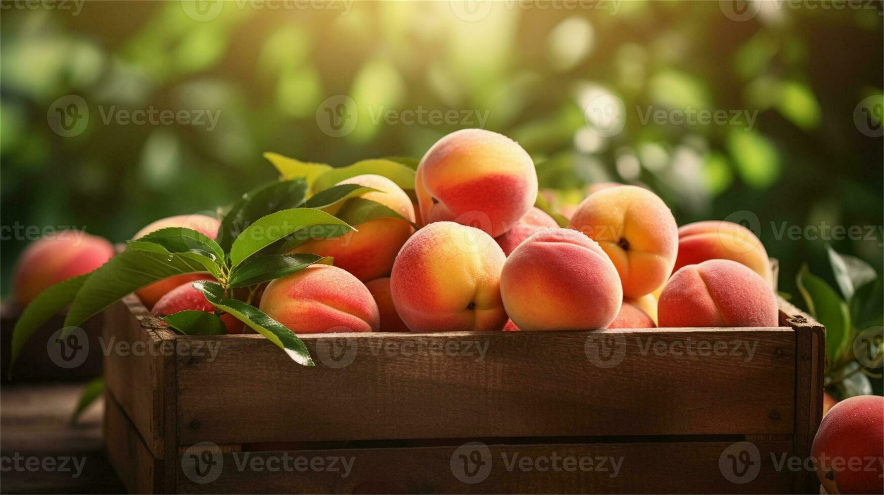 fresh peaches in a wooden box on a table AI Generative photo