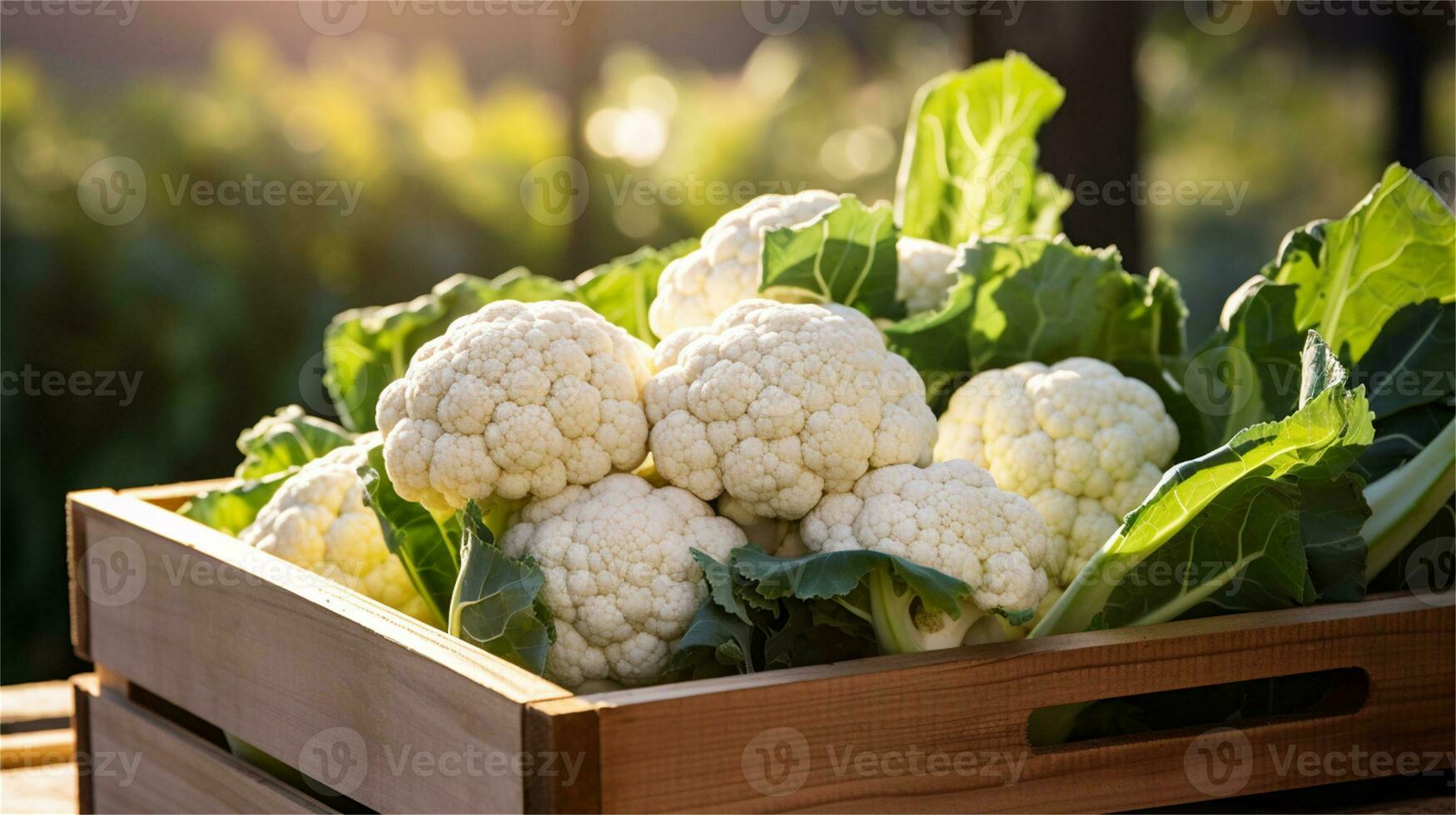 cauliflower in a wooden crate on a table AI Generative photo