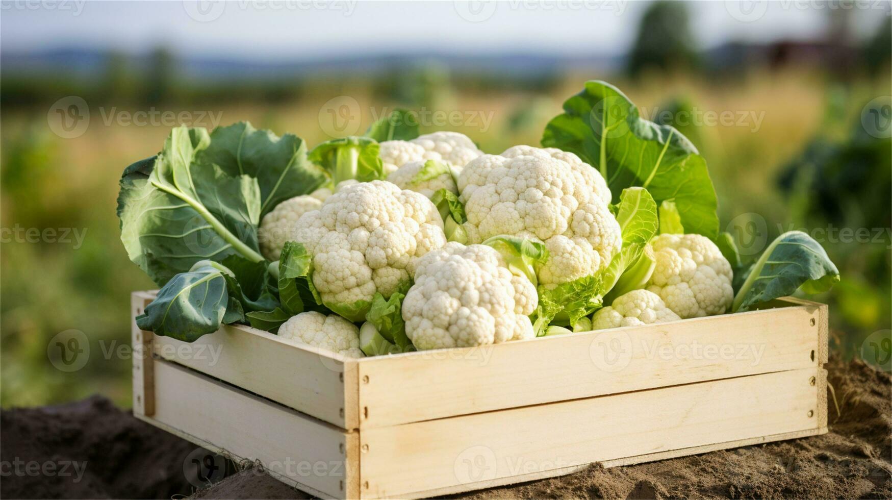 cauliflower in a wooden crate on a table AI Generative photo
