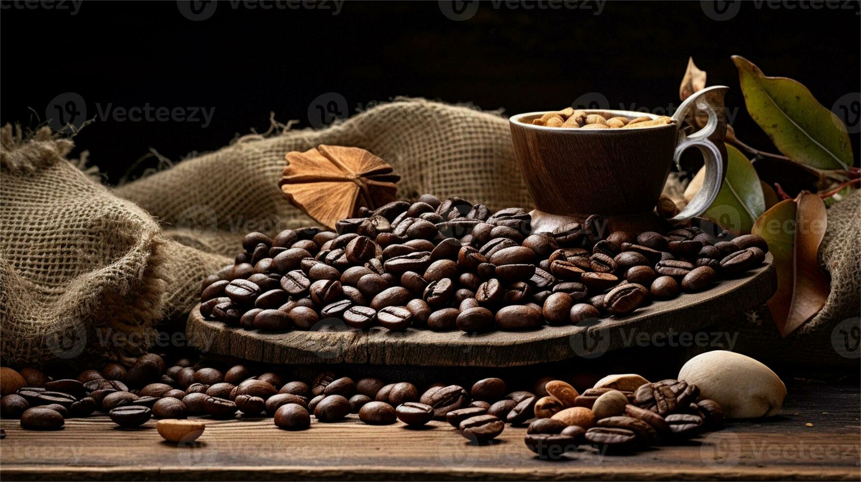 a pile of coffee beans sitting on top of a wooden table AI Generated photo