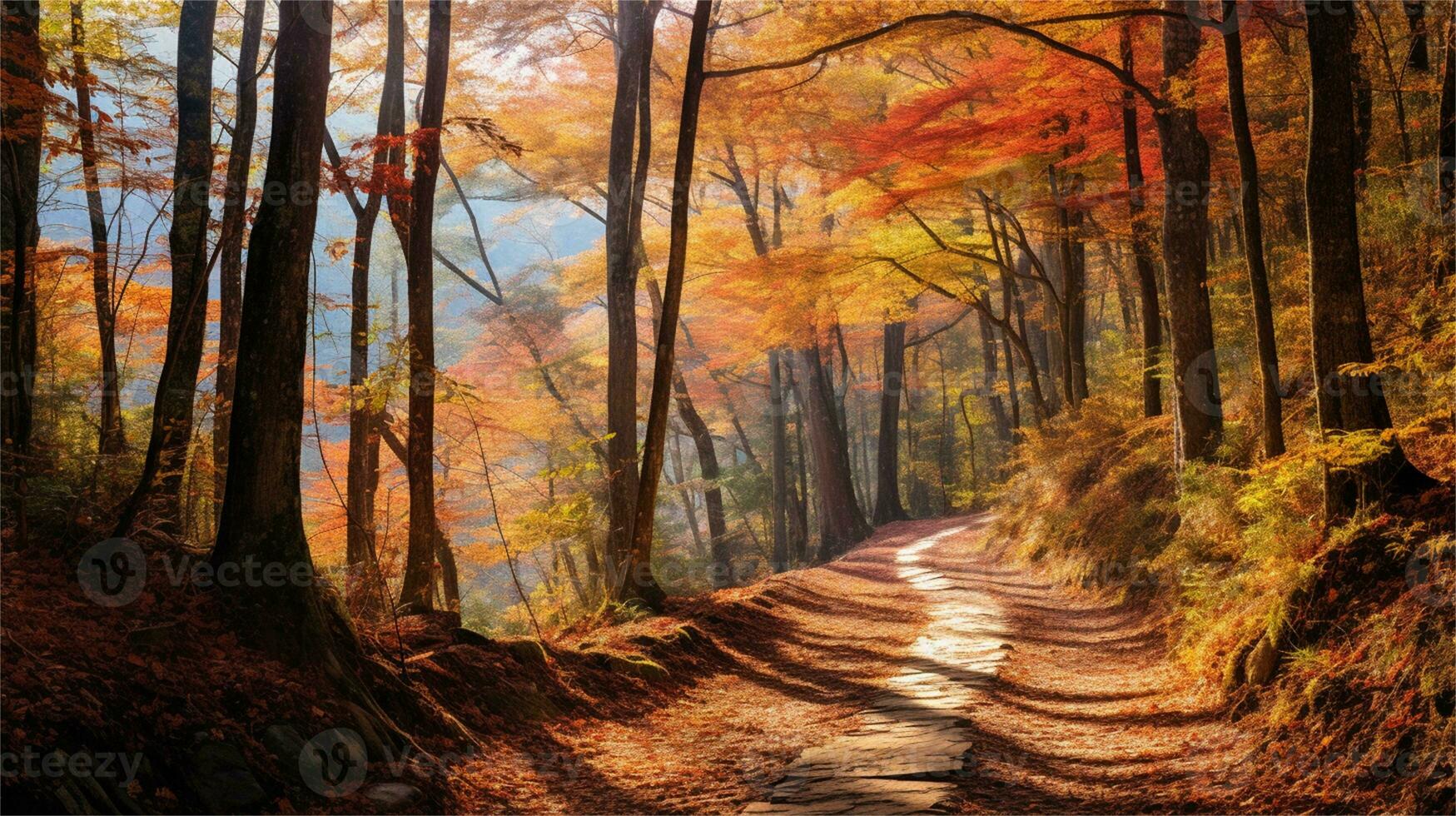 a painting of a path in the woods AI Generated photo