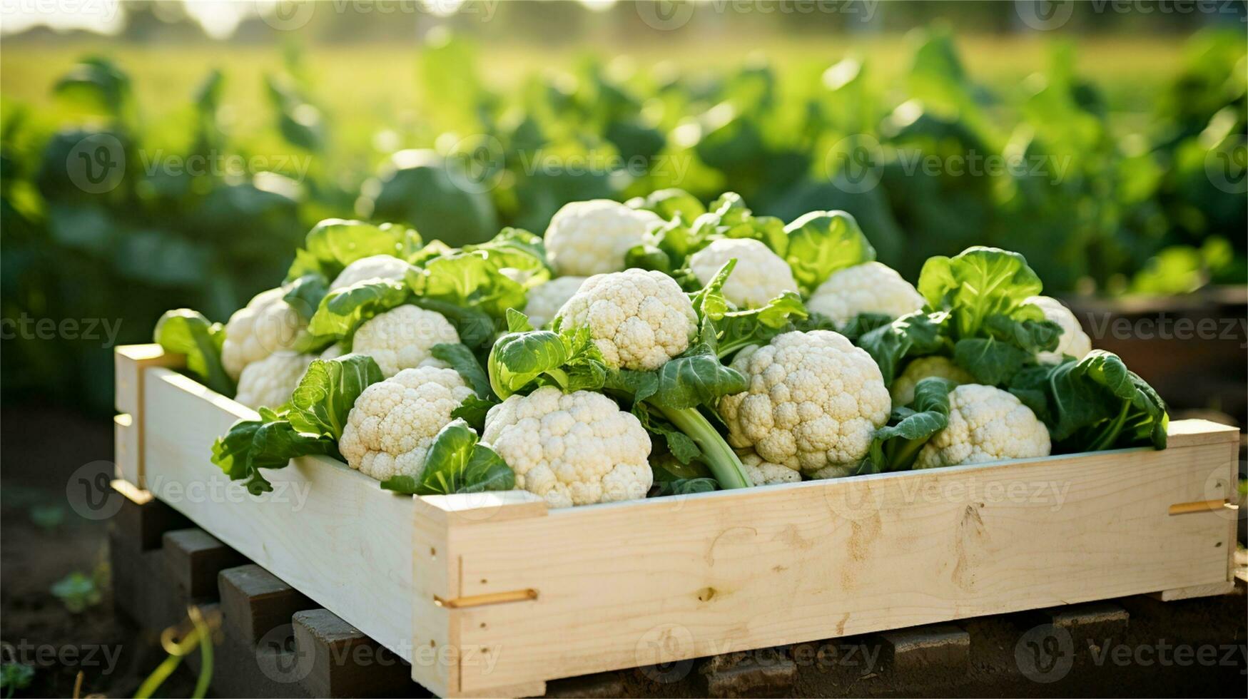 cauliflower in a wooden crate on a table AI Generative photo
