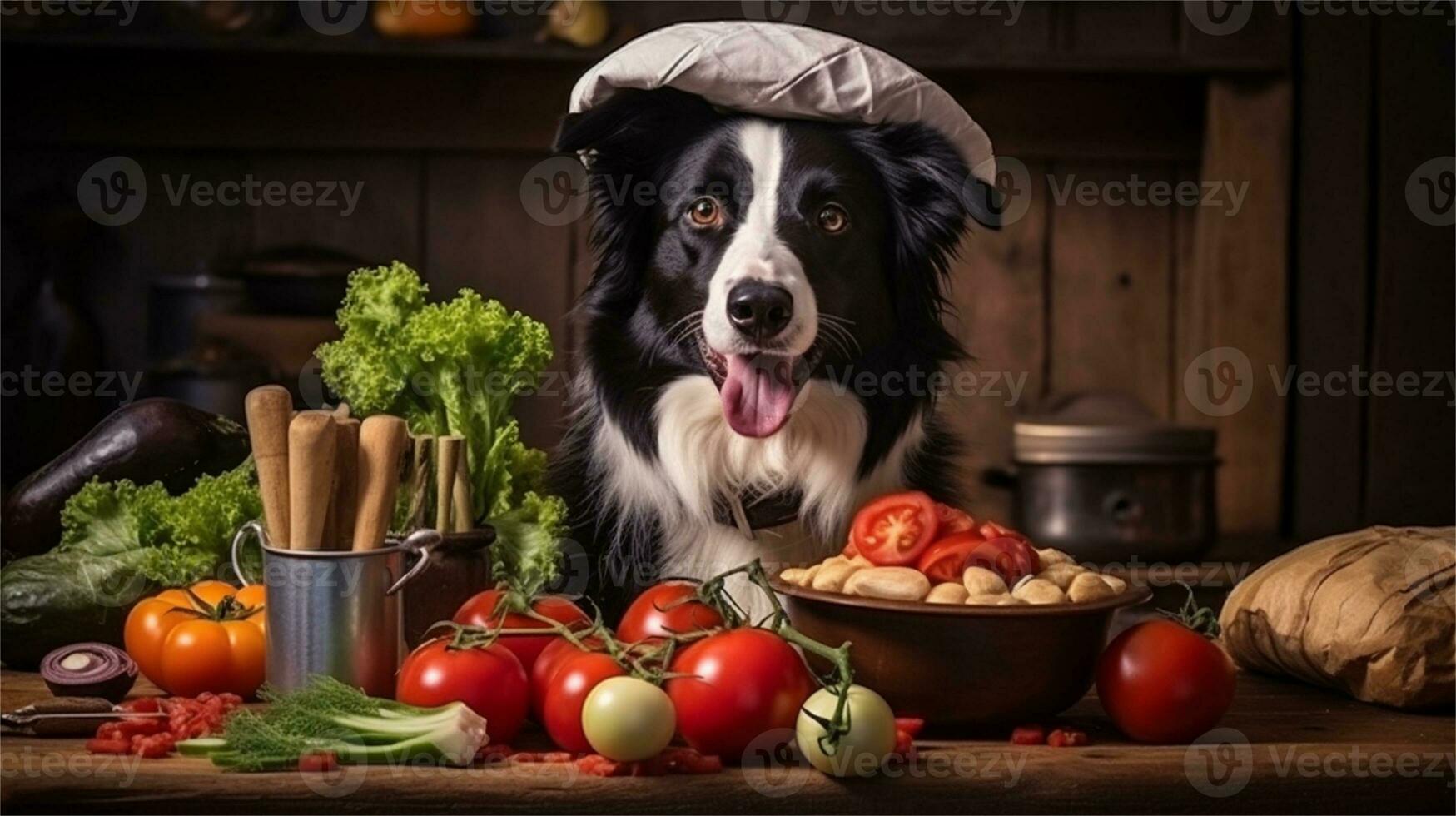 a black and white dog wearing a chef's hat surrounded by vegetables AI Generated photo