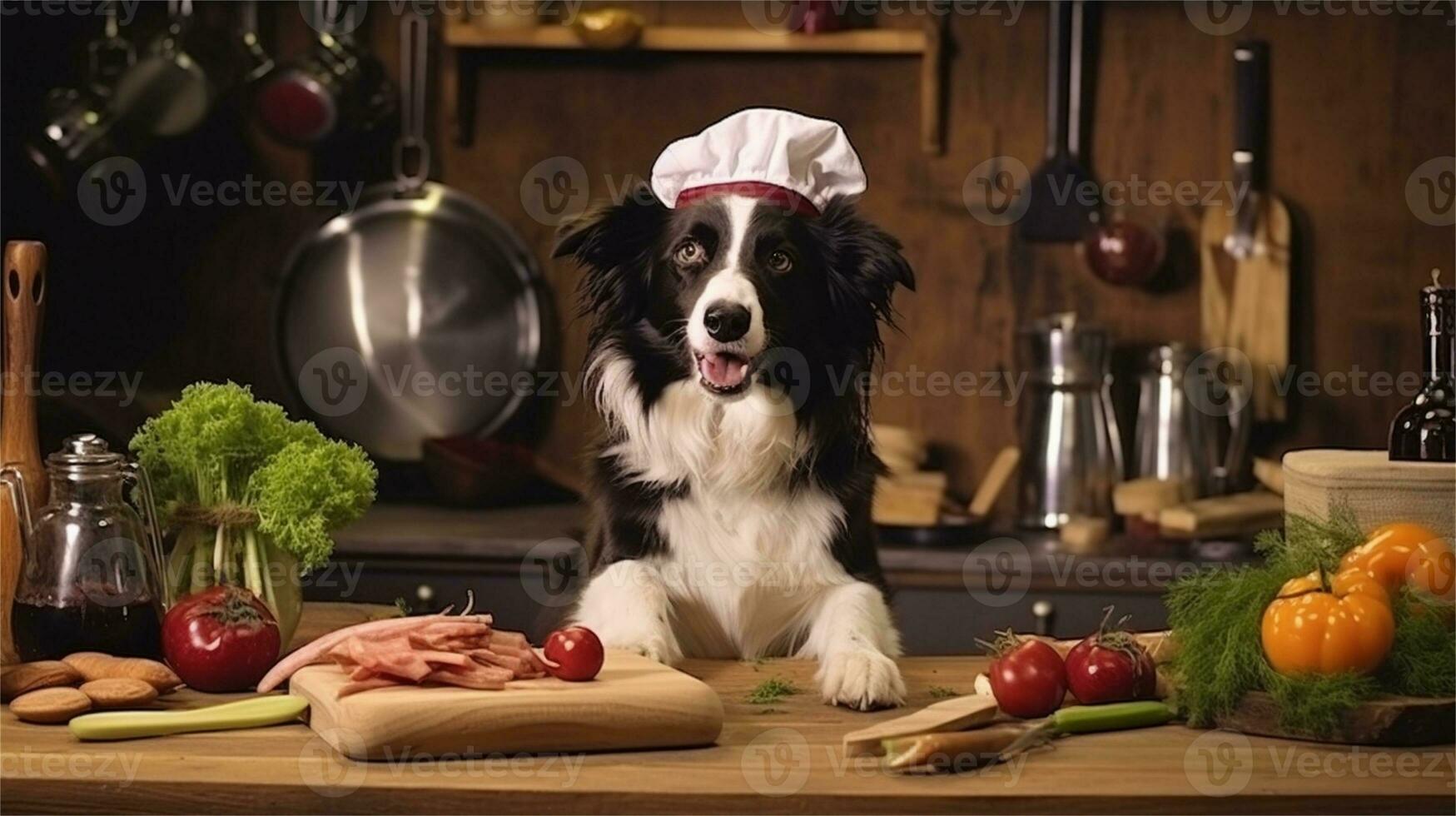 a black and white dog wearing a chef's hat surrounded by vegetables AI Generated photo