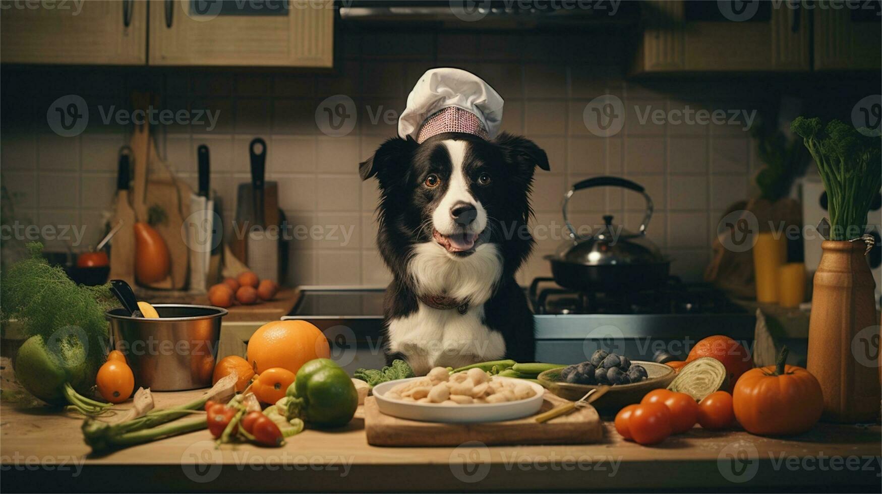 a black and white dog wearing a chef's hat surrounded by vegetables AI Generated photo