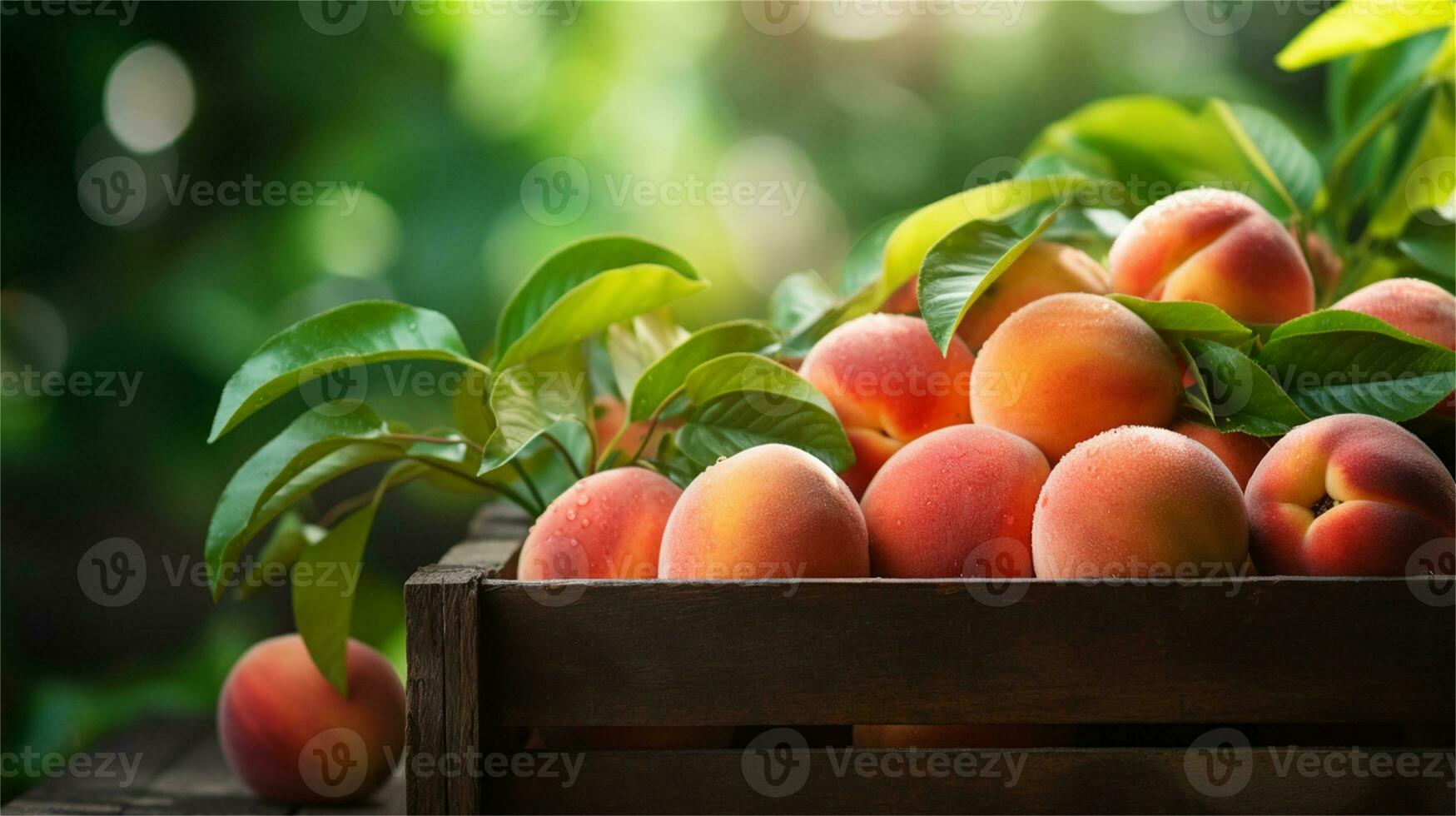 fresh peaches in a wooden box on a table AI Generative photo