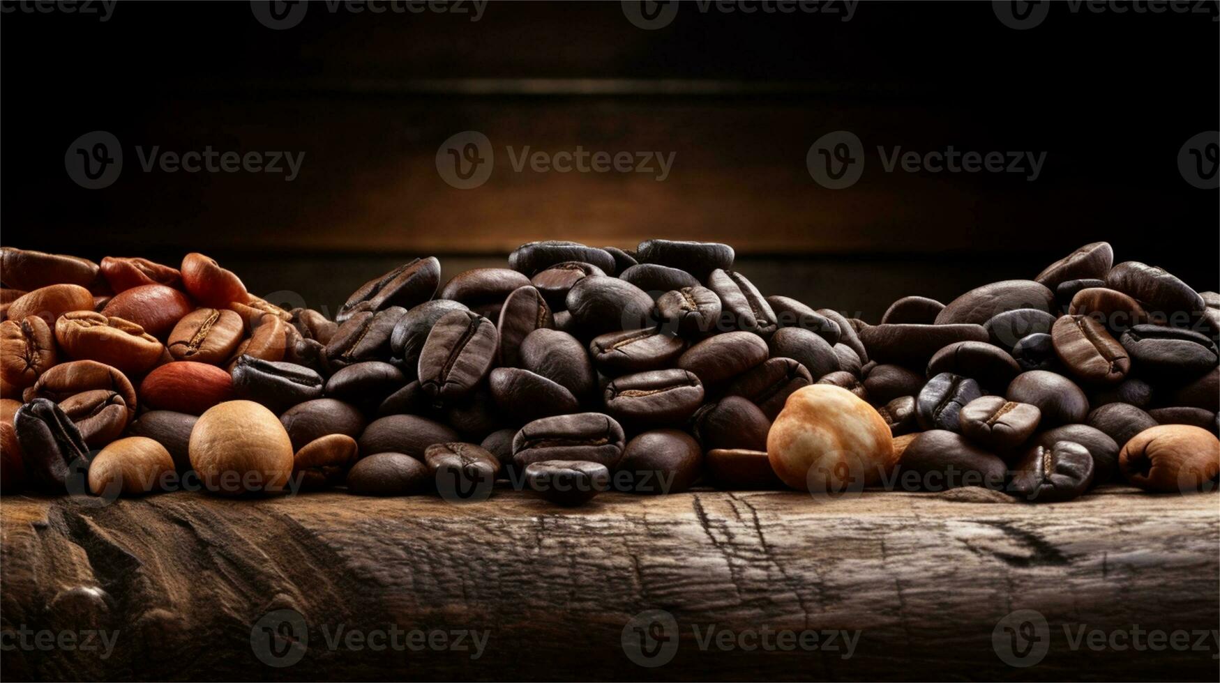 a pile of coffee beans sitting on top of a wooden table AI Generated photo