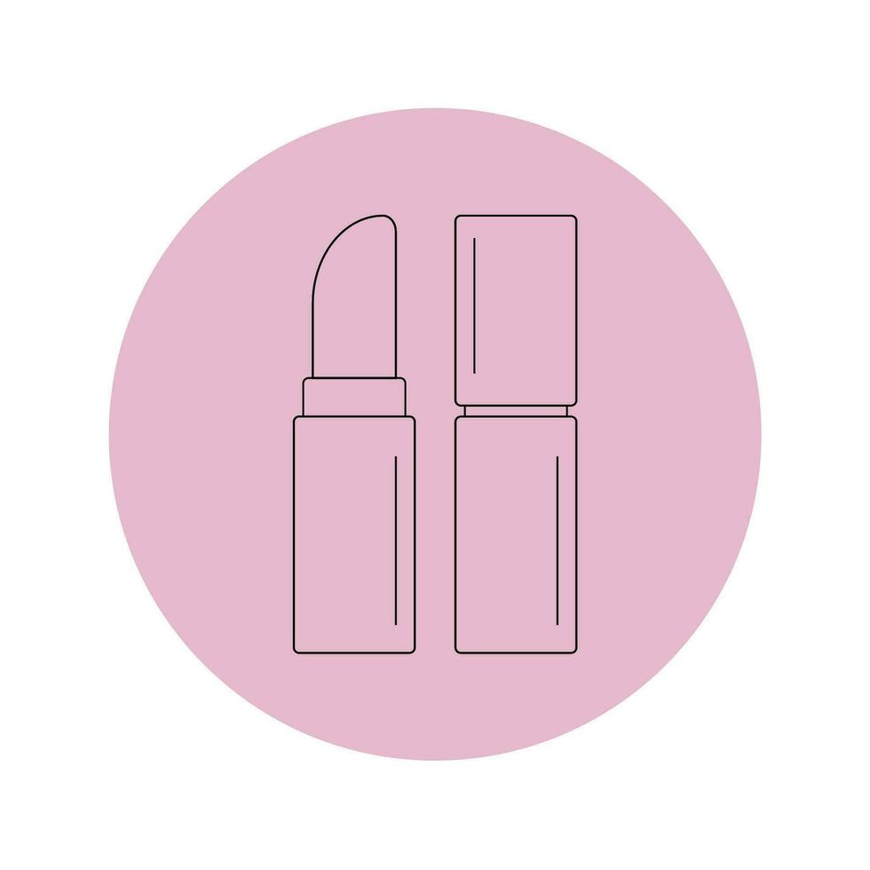 Vector lipstick icon in a pink circle on a white background.