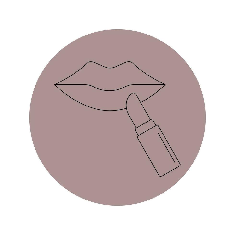 Vector icon of lips and lipstick in a pink circle on a white background.