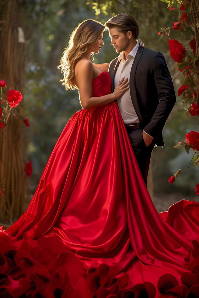 Valentine's Day Celebration. Trendy Wrap Dress Fashion for the Stylish Couple. AI Generated photo