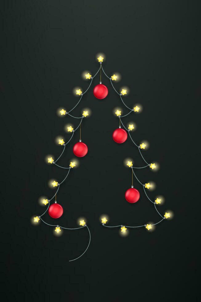 Abstract Christmas tree with and lighting garland and red baubles on black background vector