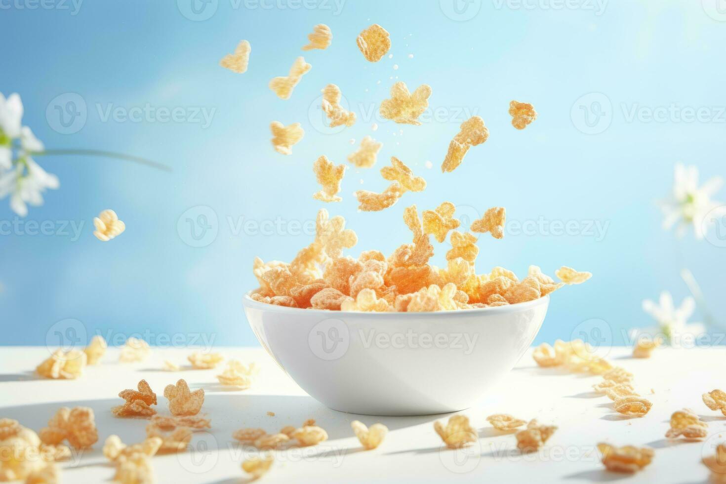 Tasty crispy corn flakes falling into white bowl. Food concept on light sunny background. Generative AI photo
