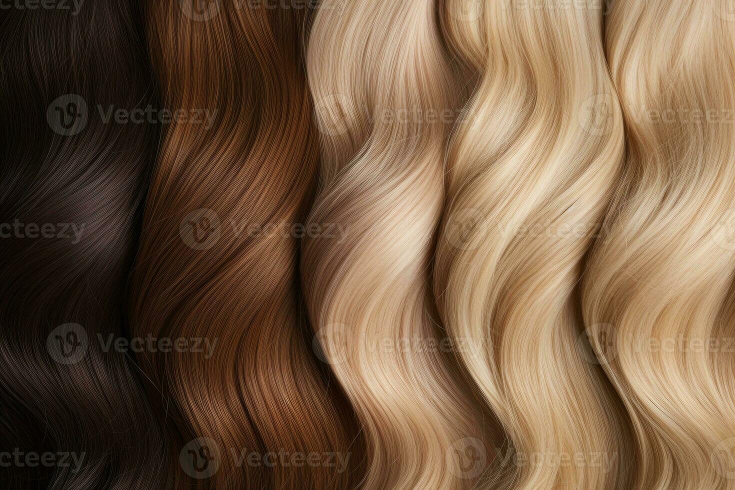 Set of different long shiny hair color. Hair texture background. Generative AI photo