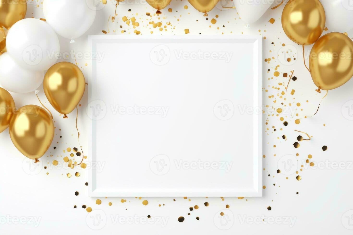 Blank white frame surrounded by confetti and golden balloons. Generative AI photo