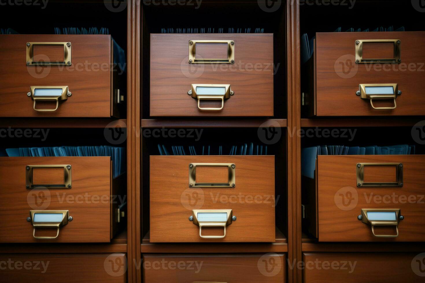 File cabinet with a wide open drawer full of files. Generative AI photo