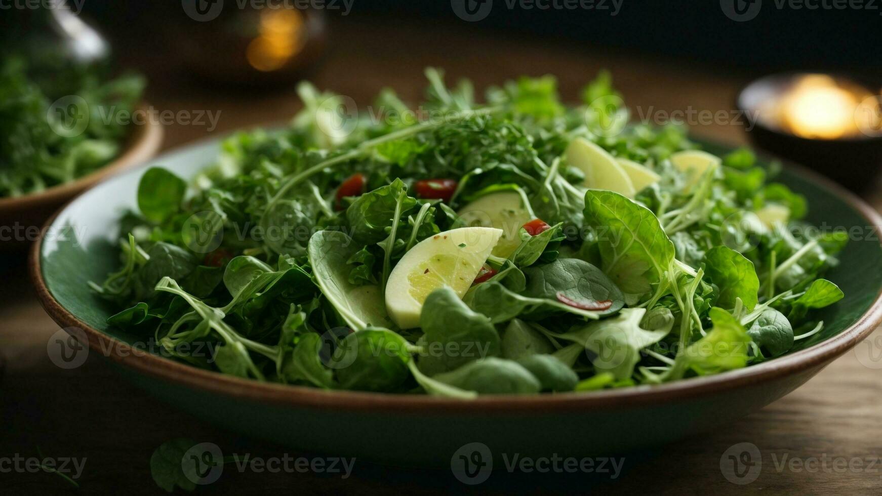 Close-up high-resolution image of a fresh green salad with lime and spices. AI Generated. AI Generative. photo
