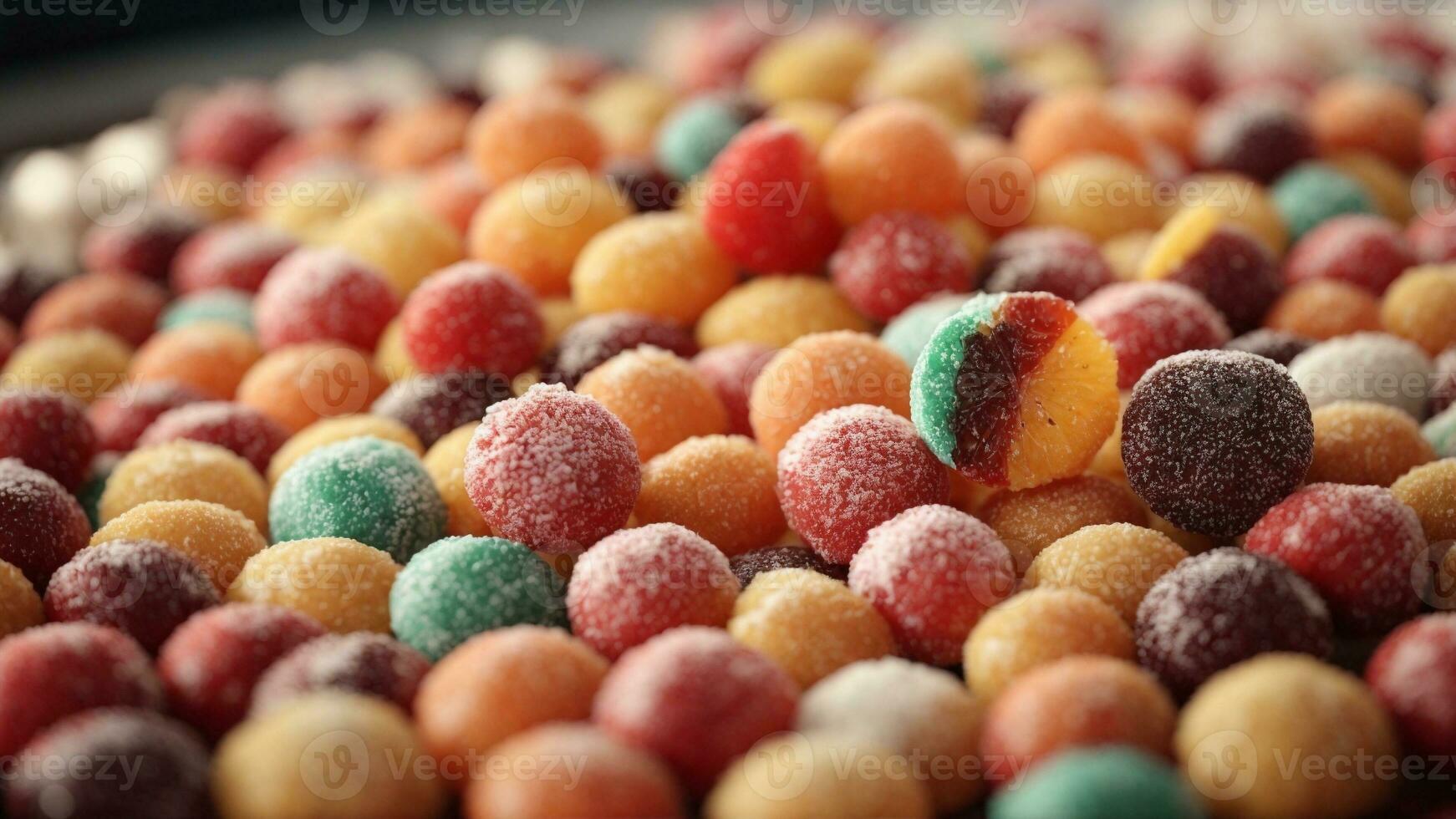 A pile of colorful candy balls and jellybeans on a table. AI Generated. AI Generative. photo