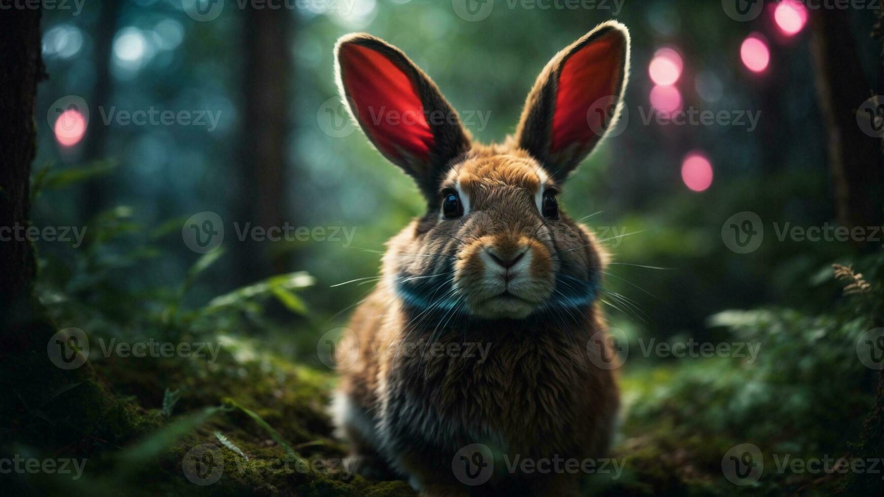 A close up high resolution image of a cute rabbit in magical forest. AI Generated. AI Generative. photo