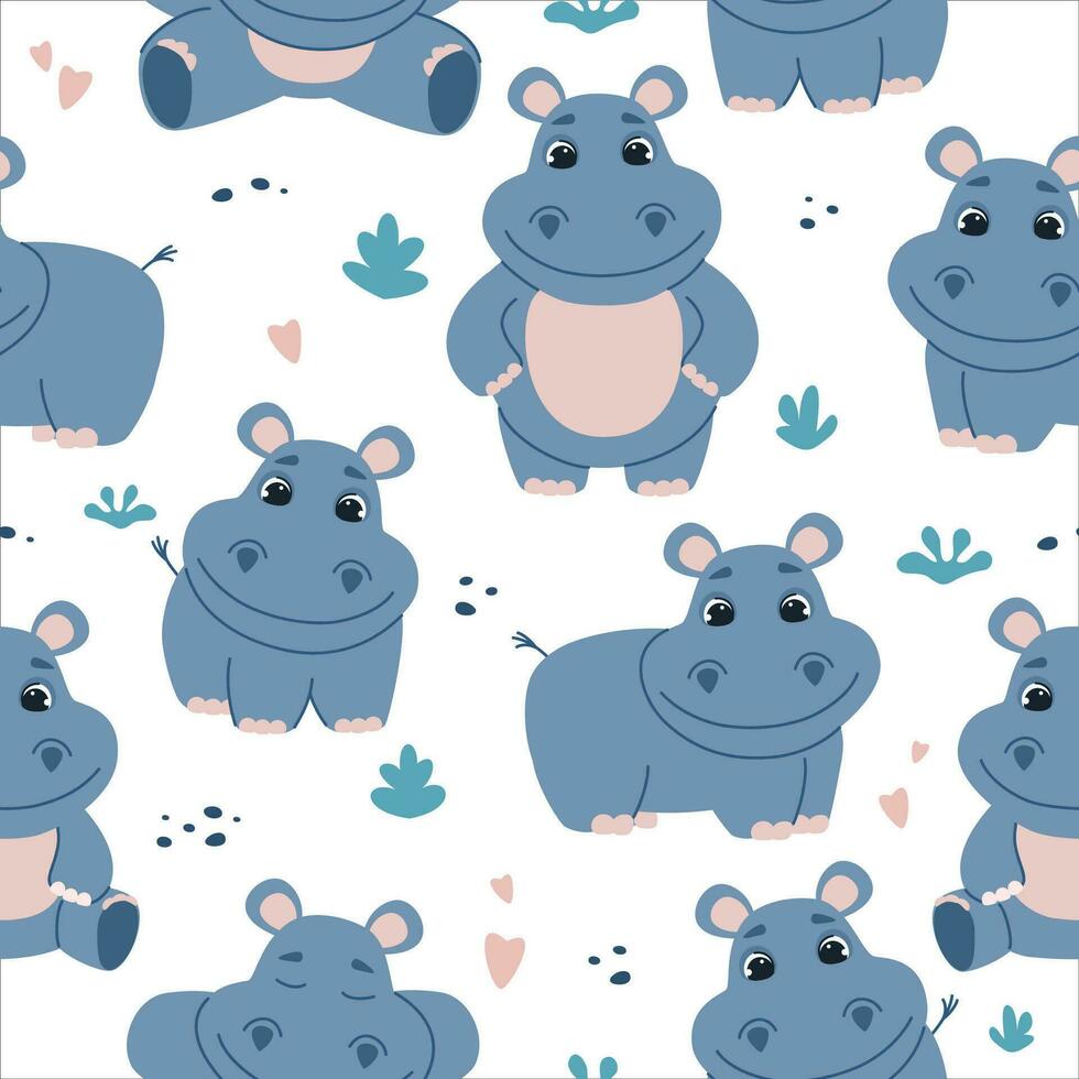 Seamless pattern with cute hippos. Pattern for children's products. Vector illustration isolated on white background.