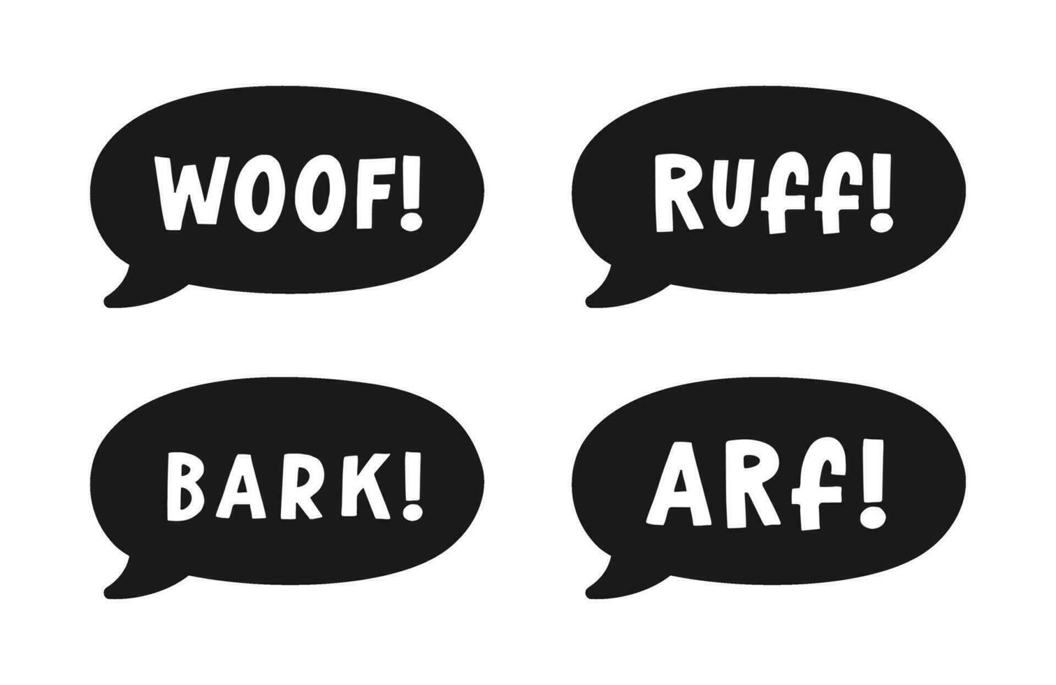 Dog bark animal sound effect text in a speech bubble balloon silhouette clipart set. Cute cartoon onomatopoeia comics and lettering. vector