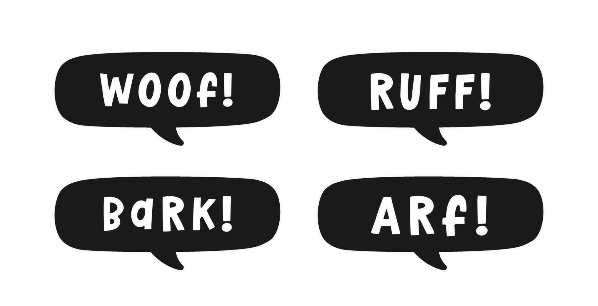 Dog bark animal sound effect text in a speech bubble balloon silhouette clipart set. Cute cartoon onomatopoeia comics and lettering. vector