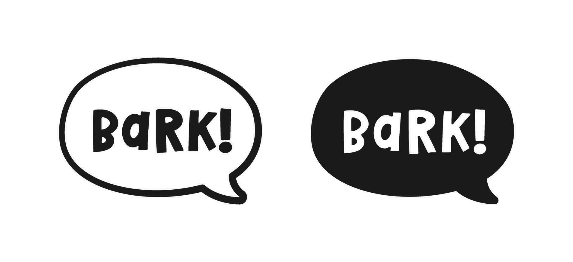 Bark text in a speech bubble balloon outline and silhouette set. Cartoon comics dog sound effect lettering. Simple flat vector illustration.